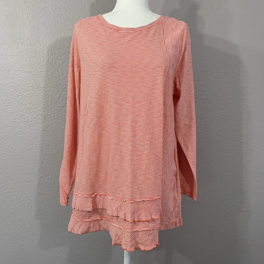 Soft Surroundings Pima Cotton Orange Stripe Long Sleeve Tunic Large 2FA07 Ruffle